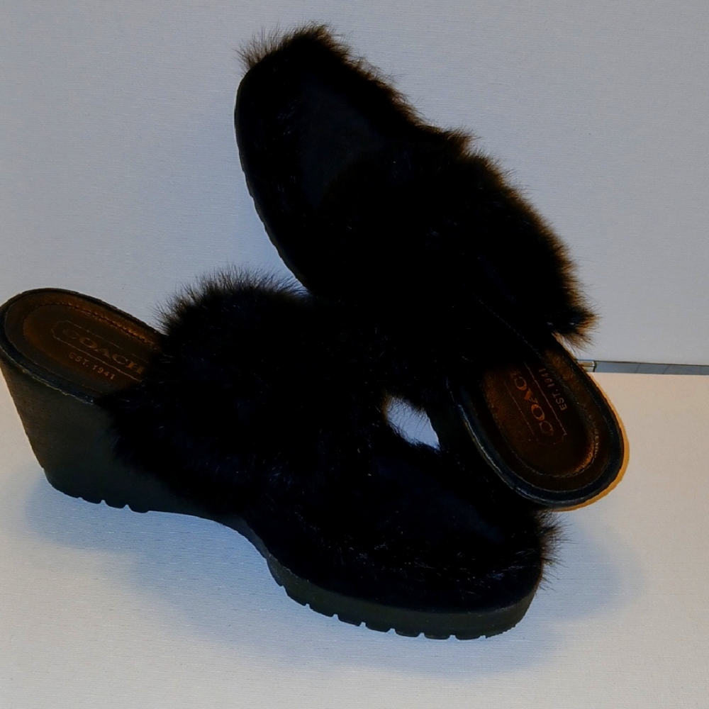 Coach Black Furry Mules with Platform Sole